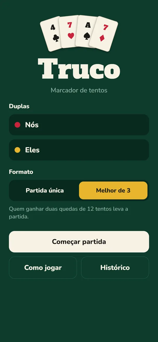 Tela inicial com nomes das duplas e escolha entre partida única ou melhor de 3