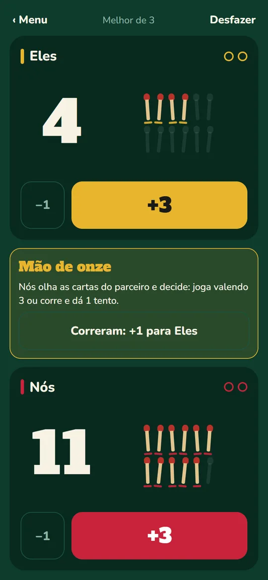 Aviso de mão de onze explicando que a dupla decide se joga valendo 3 ou corre