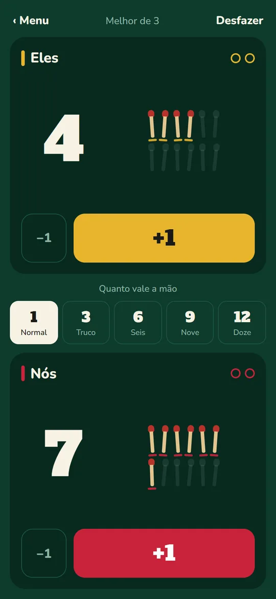 Placar no meio da partida: Eles com 4 tentos e Nós com 7, marcados com palitos de fósforo